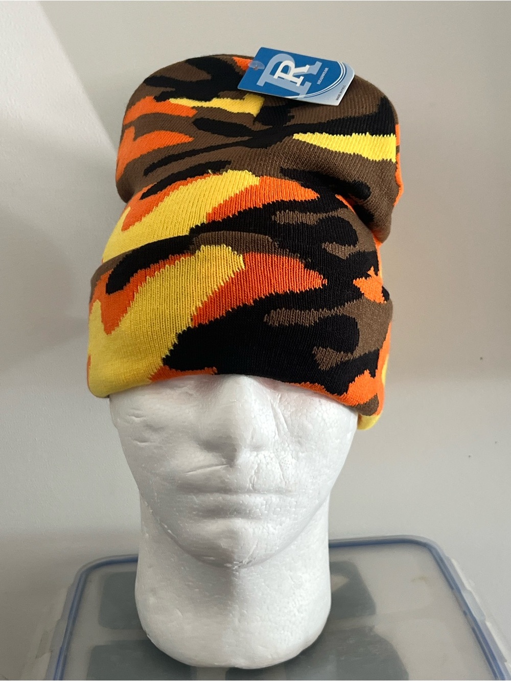 Orange & Yellow Camo Beanie - Ribbed Knit
